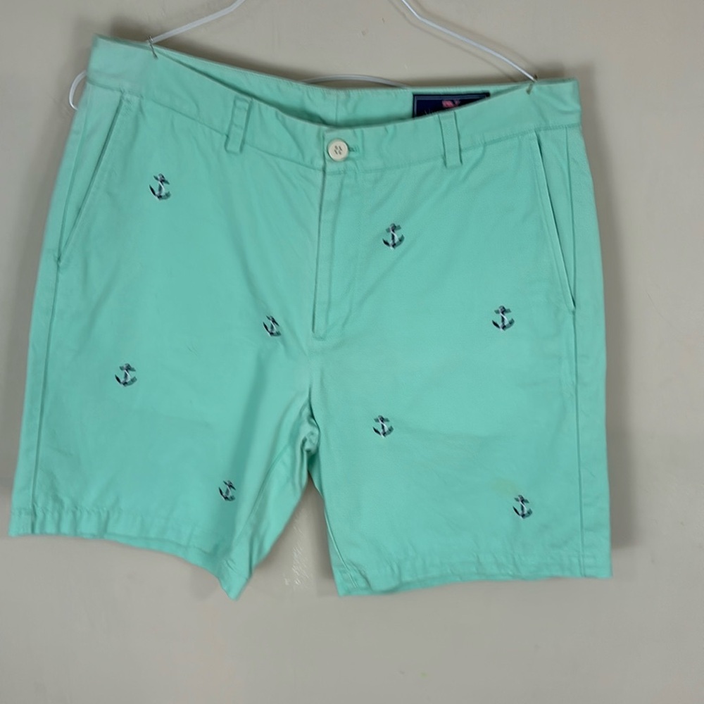Vineyard Vines Light Green Cotton Twill Golf Shorts with Embroidered Anchors 34